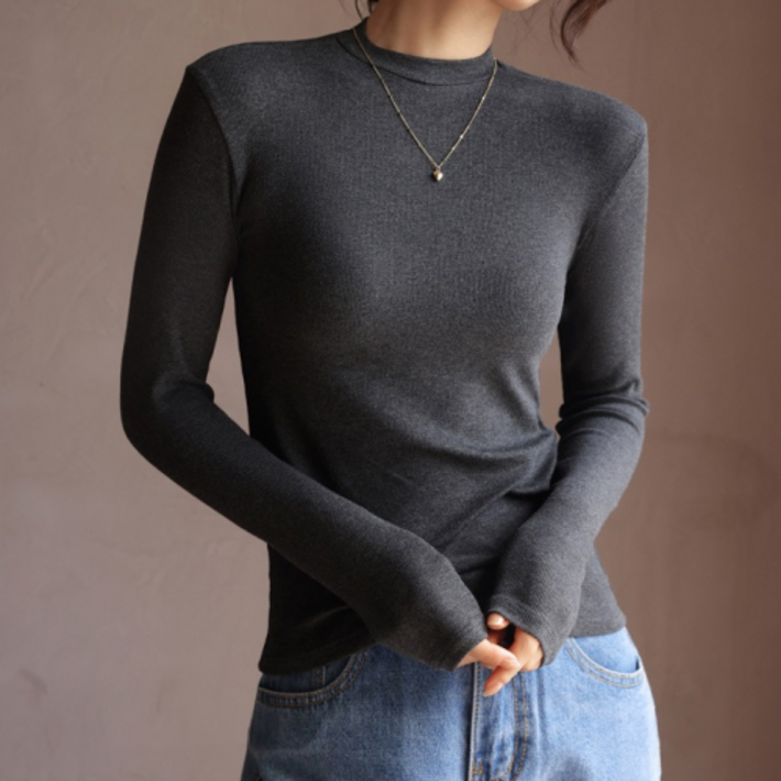 로엘란 여성 겨울 부드러운 베이직 슬림핏 골지 반목 라운드넥 긴팔 티셔츠 이너웨어