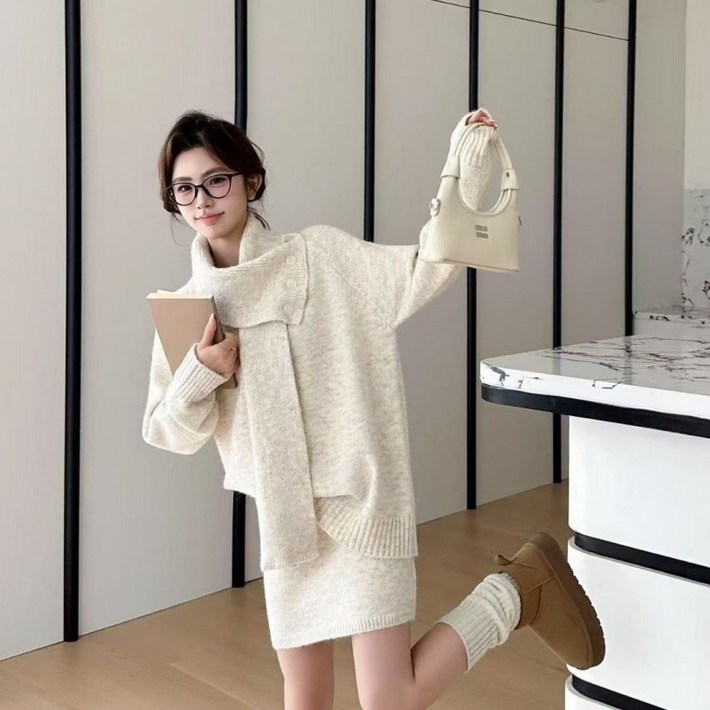 COSYEVNO  모직 세트 여자 겨울 니트 오버사이즈 캐주얼 패션 캐주얼 상의+스커트 CXJxxftz-06