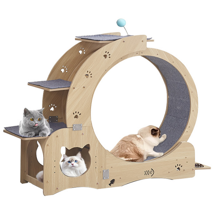 New World 고양이 캣 휠 워커 트레드밀 스크래쳐 펫 롤링 장난감 고양이 러닝머신 고양이 기어오르기 장난감 고양이 그릇 일체형 MPD02, 1개, 원목색