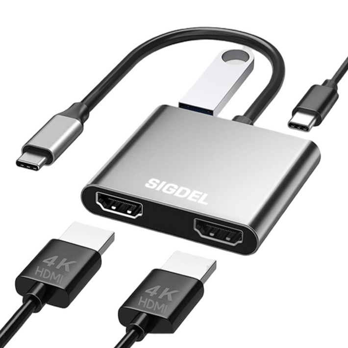 시그델 C타입 C TO HDMI 4in1 듀얼 모니터 2대 확장 3분할 연결 화면 분배기 4K 멀티 USB 3.0 PD90W 노트북 컴퓨터 젠더 허브 M01, 메탈실버, 1개