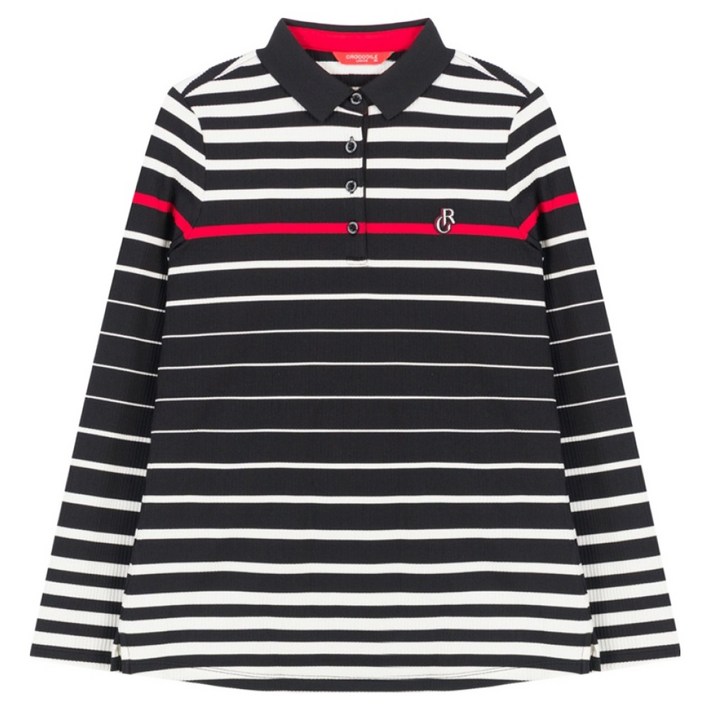 크로커다일 여성용 블랙 스트라이프 카라넥 티셔츠 CLBFTS211