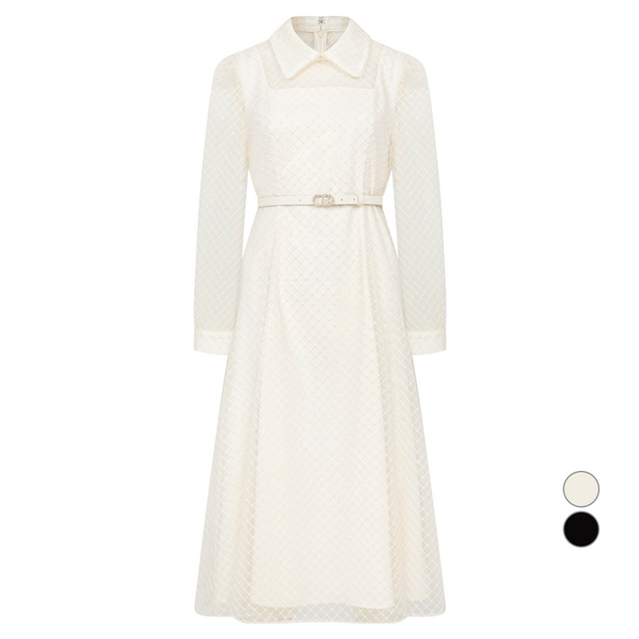 라인어디션 여성용 메쉬 자수 벨티드 원피스