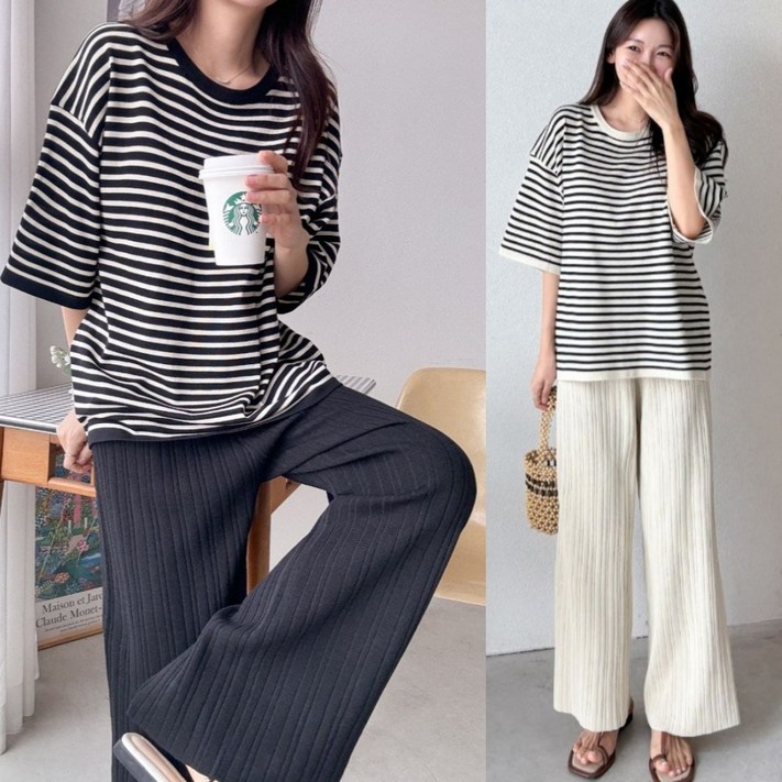 럽즈올 빅사이즈 여름 반팔 스트라이프 니트 와이드팬츠 투피스 세트