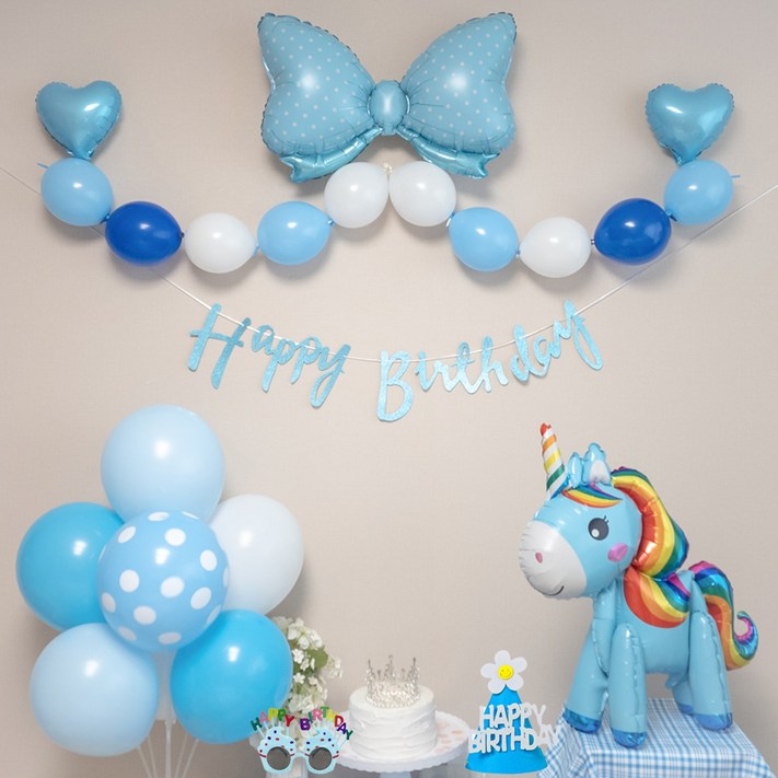연지마켓 생일풍선 생일파티용품 리본풍선 세트, 블루 아기유니콘 세트