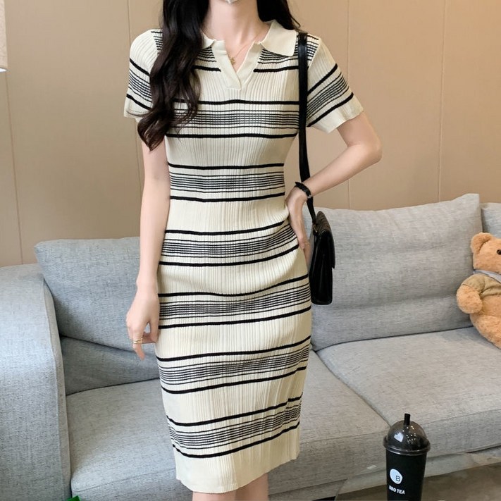 야오야오 쿠크 골지 카라 스트라이프 니트 원피스