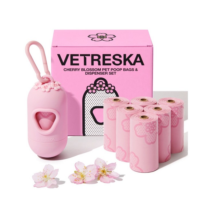 VETRESKA 체리블라썸 강아지 향기나는 배변봉투 풉백 디스펜서 세트벚꽃향, 1개, 1개입, 세트구성디스펜서1개풉백7롤