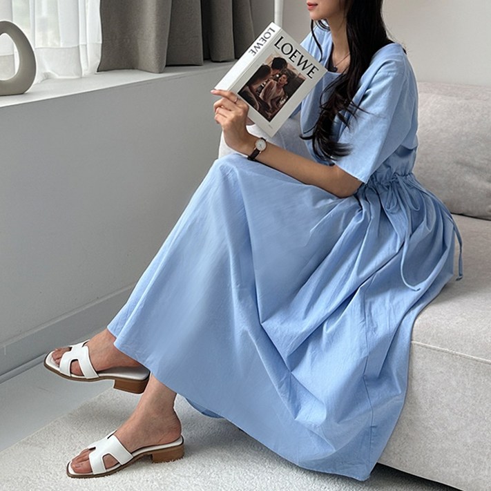 블레스유 여성 여름 반팔 스트랩 플래어 원피스 허리 리본 하객룩 린넨 면마 롱원피스
