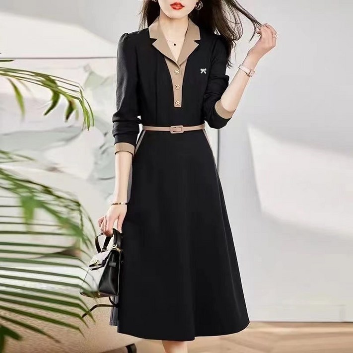 AOKADA 여성 봄 겨을 카라 배색 긴팔 오피스룩 하객룩 슬림 벨트 정장 롱 원피스