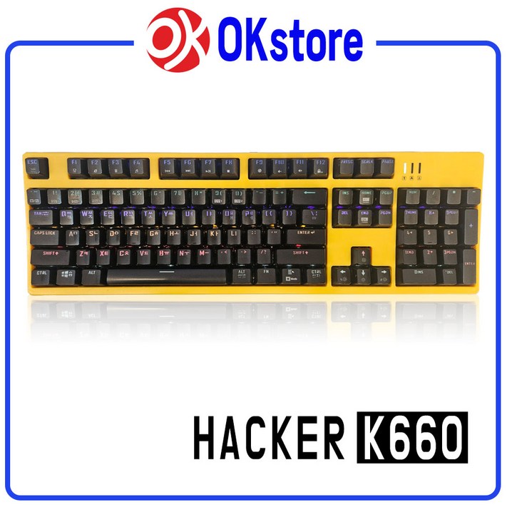 앱코 HACKER K660 키보드 카일광축 방수 옐로우 바디블랙 키캡 무빙LED