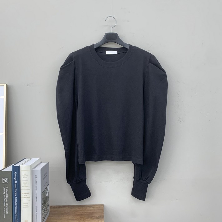 행복여 레니아 핀턱 퍼프 소매 골지 라운드 티셔츠