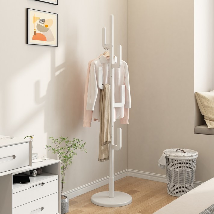 보비트섹 원목 선인장형 옷걸이 스탠드 행거, 높이 조절 독립옷걸, 침실 현관 거실, 화이트