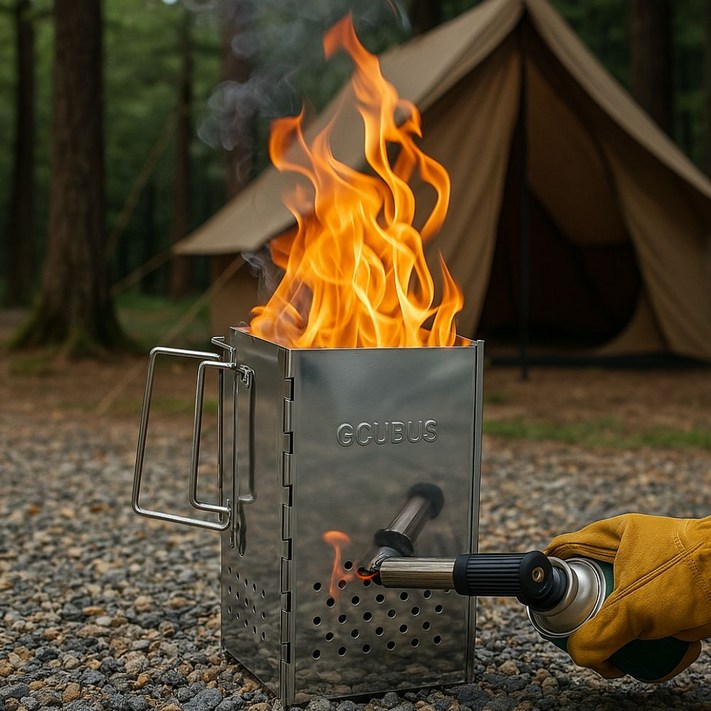 캠핑몽 특대형 사각 스텐 차콜스타터 접이식 휴대용 점화기 착화기 침니 숯불 화로 바베큐그릴, 1개