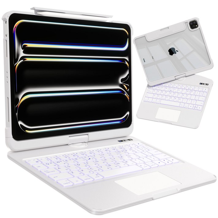 AITEWO 아이패드 매직키보드 케이스 펜슬 수납 360도회전 일체형 각도조절 투명 백라이트 터치패드 에어7654321세대 프로1110.91312.9인치, 아이패드 프로 7세대 M4 13인치, 화이트