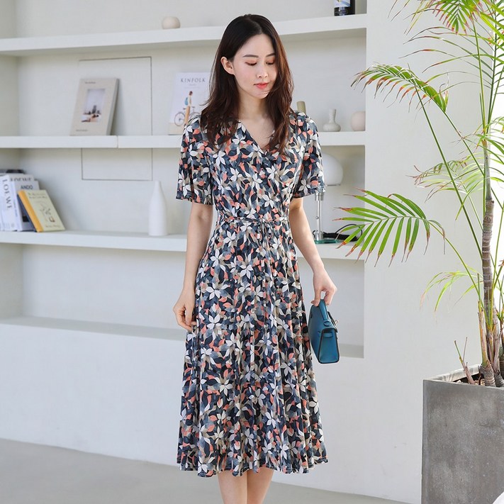 프롬코 여성 여름 반팔 플라워 롱 원피스 자체제작 FRC55