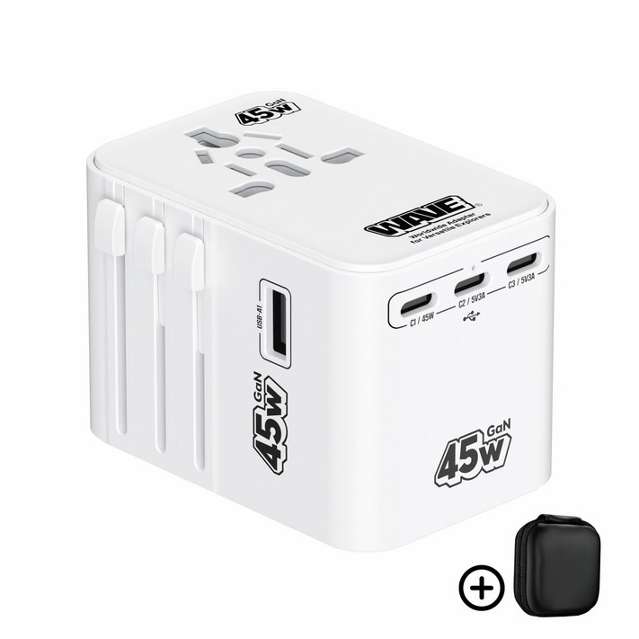 WAVE 2500W 드라이기 사용 가능 고출력 GaN 45W 초고속 충전 해외 여행용 멀티 플러그 어댑터 화이트, 1개