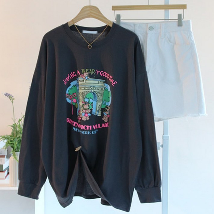 에스제이룩 여성용 여행베어박스 오버핏 빅사이즈 긴팔 티셔츠