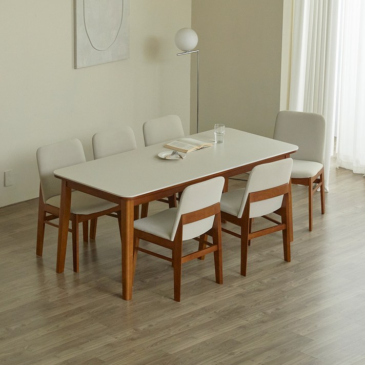 파로마 솔로르 세라믹 식탁 1800  의자6p 세트 방문설치, 월넛프레임, 의자, 베이지상판, 6인용