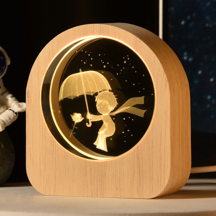 연하 크리스탈 원형 우드 프레임 LED 무드등선물포장, 어린왕자