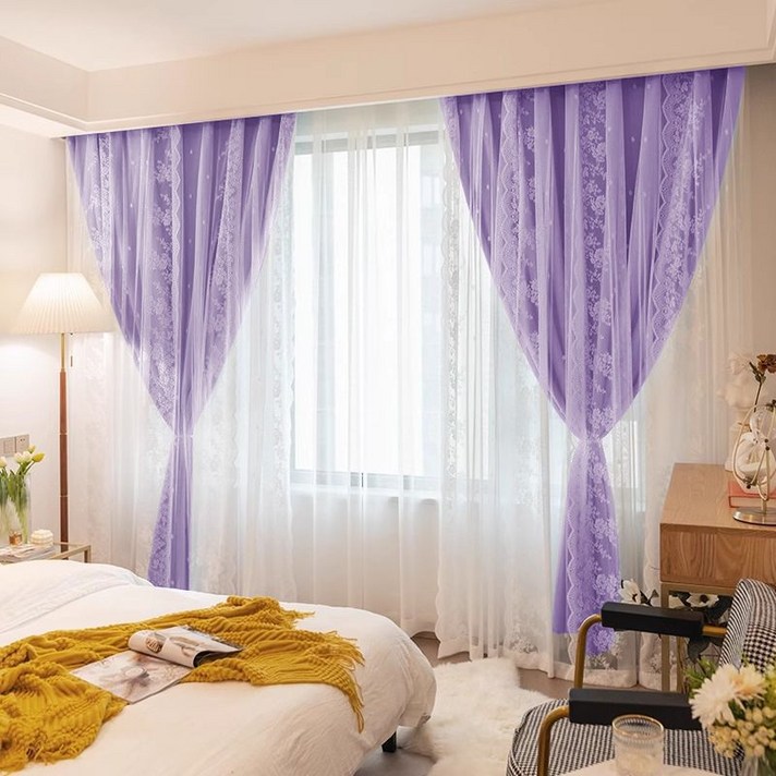 엑스터 후크형 프렌치 레이스 커튼  이중 암막 커튼 세트