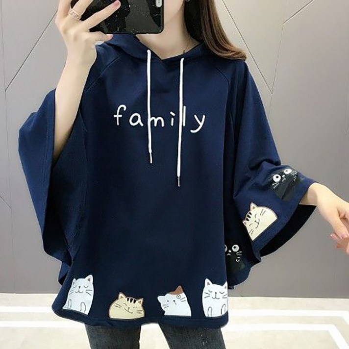 지고다그 여성용 가을용 루즈핏 고양이 프린트 후드티 망토 스타일 빅사이즈 캐주얼 상의 ZK6337