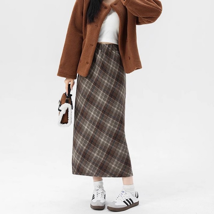 가을 겨울 여자 레트로 체크 롱 스커트 모직 밴딩 치마