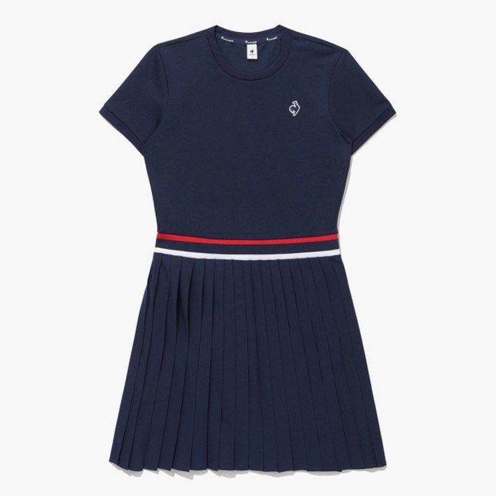 국내백화점판 르꼬끄 25신상 우븐 하이브리드 PK 라운드넥 플리츠 원피스 네이비