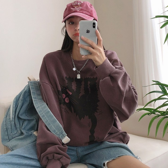 러브앤시티 남녀공용 피그먼트 고양이 맨투맨 빅사이즈 티셔츠 오버핏 프리미엄 원단