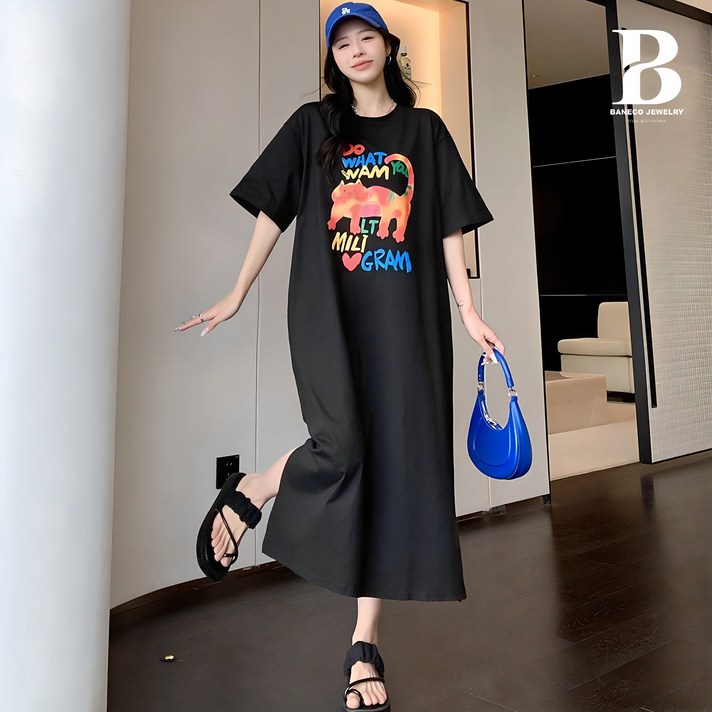바네코 5588 레인보우캣 빅사이즈 여성 박시 롱 원피스 티 반팔 롱 여름 홈웨어