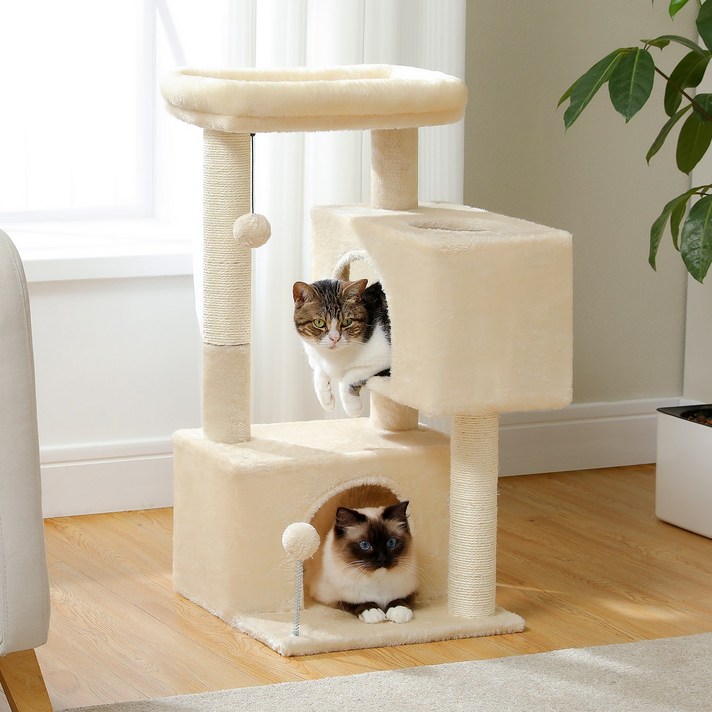 PAWZ Road 4단 소형 패브릭 캣타워 더블 숨숨집, 고양이 하우스