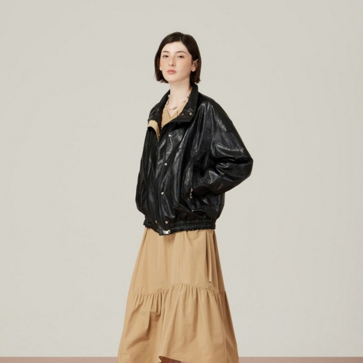 듀엘 컬러 배색 하이넥 레더 자켓D244PSG261 265321