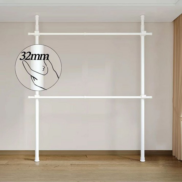 32mm 와이드 2단행거 고정식 설치형 튼튼한 옷걸이행거, 화이트