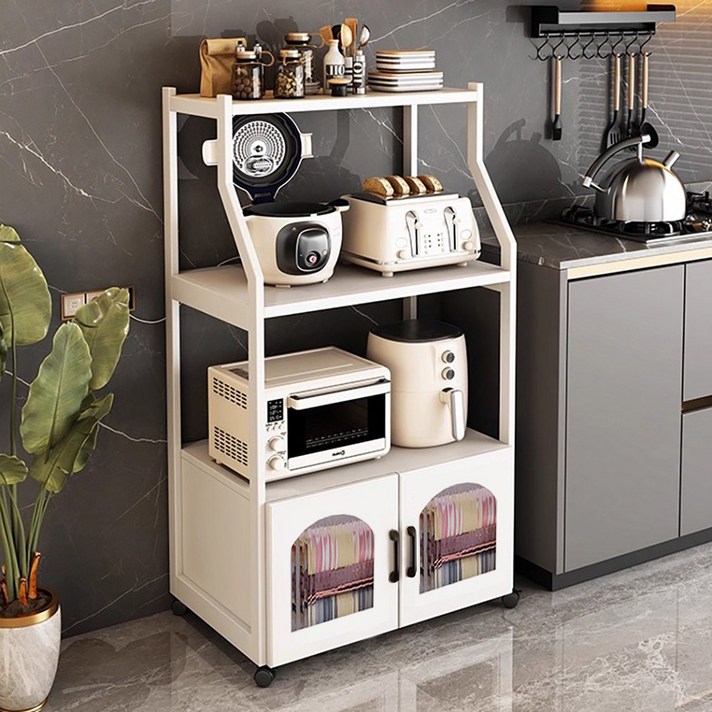 화이트 이동식 주방 다용도 찬장 2도어 345단 전자레인지 선반 정리대
