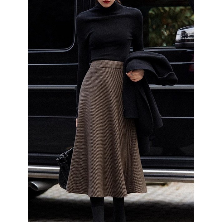 해피유통 여성 체크 빈티지 하이웨서트 겨울 모직스커트 jhn