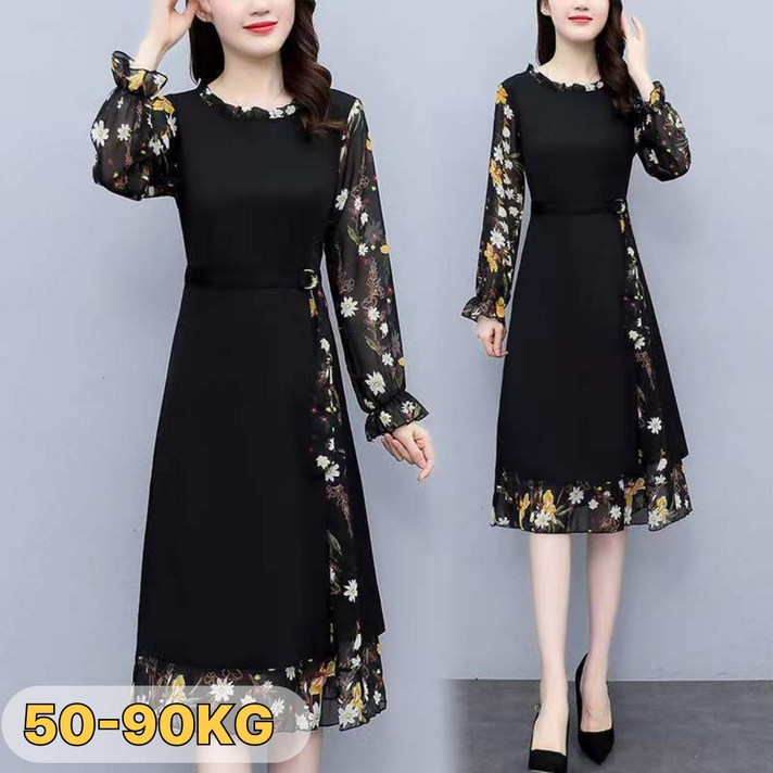 UNIQUEZON  중년여성 슬림핏 쉬폰 플라워 긴팔 원피스 봄 여름 하객룩 빅사이즈 50대