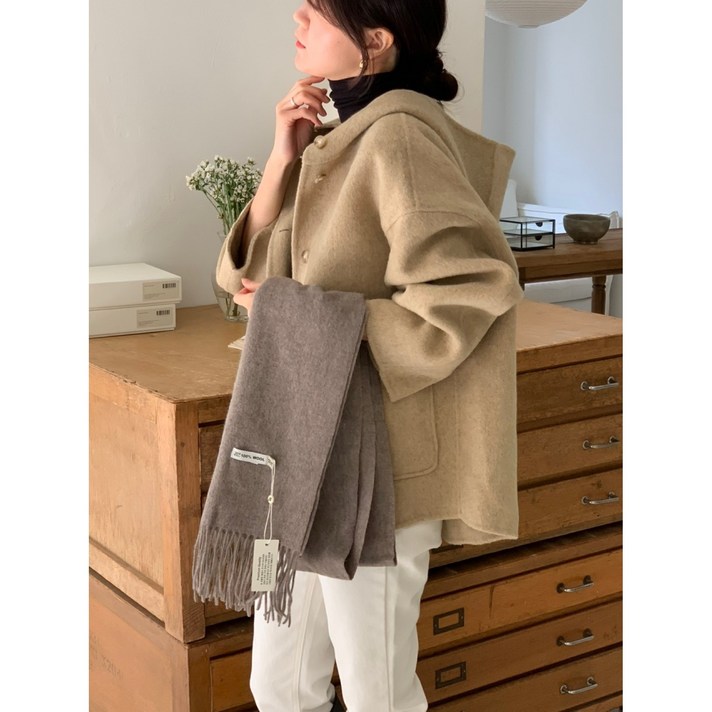 루어스룸 에글린 드롭 숄더 후드 루즈핏 아방핏 프리미엄 하프 핸드메이드 코트