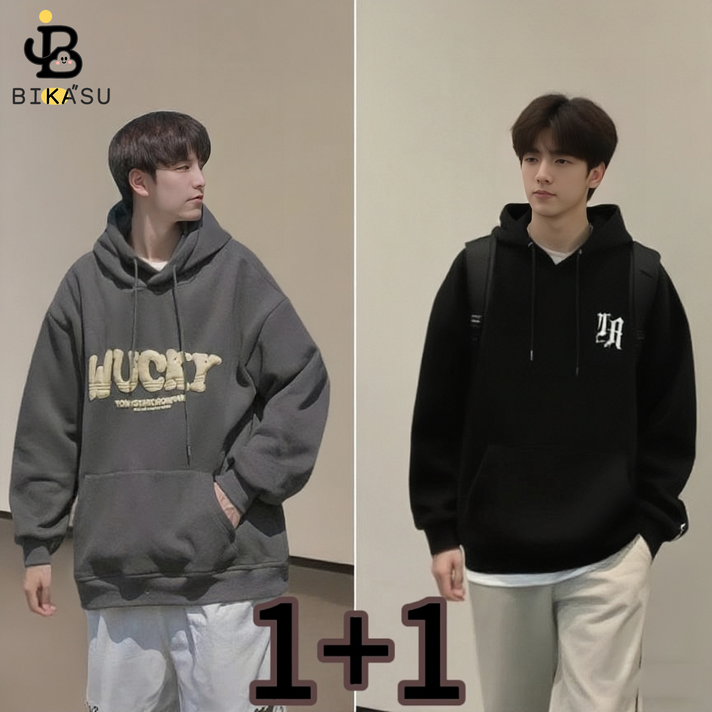 BIKASU 11 남성 스쿨 오버핏 긴팔 후드티 베이직 맨투맨 레터링 티셔츠