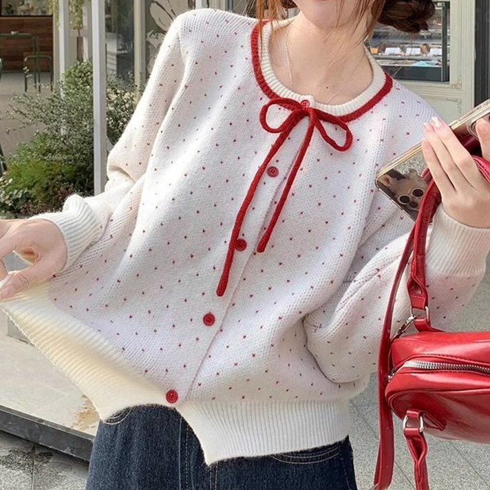 cammello 밀키 도트 패턴 리본 포인트 가디건 귀여운 여성 긴팔 니트 스웨터