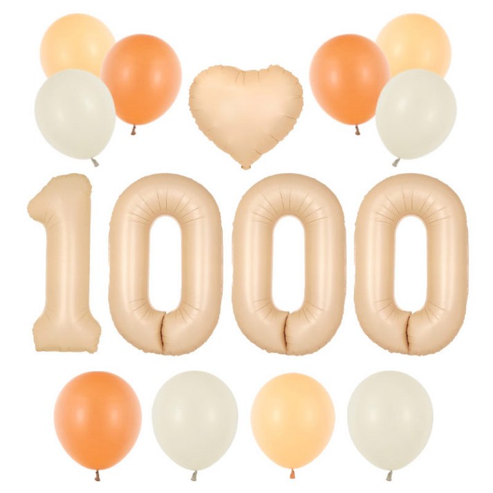 파티팡 1000일 기념 파티 풍선 장식세트 대형 숫자  하트 풍선  고무풍선 손펌프증정 장식방법동봉, 베이지
