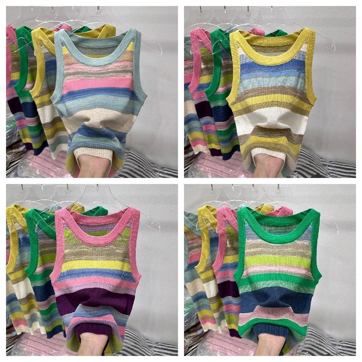 유러피안 컬러 무지개 스트라이프 니트 조끼 여 여름 끈 이너 레깅스 나시 탑