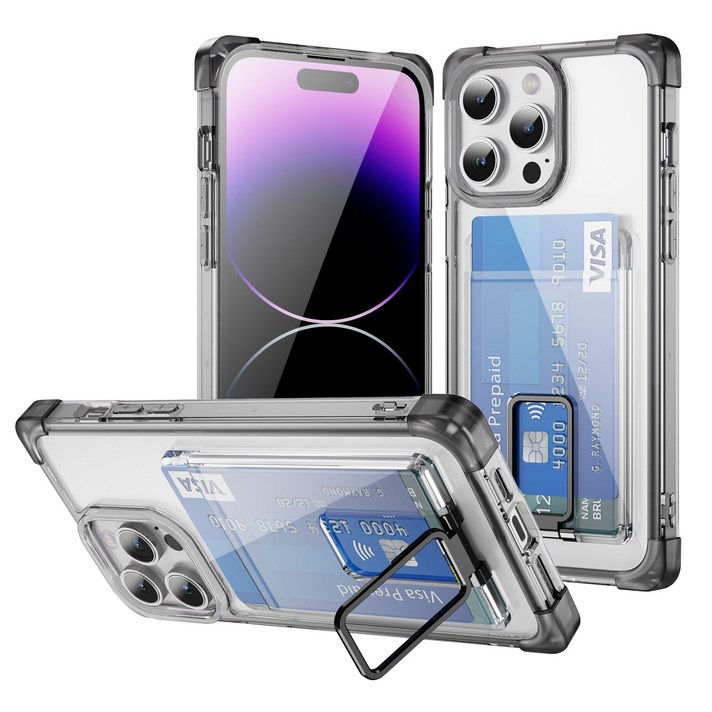 아칸크 애플 아이폰 14프로 카드 포켓 변색방지 투명 젤하드 범퍼 스탠드 거치대 휴대폰 케이스지문인식 보호필름 풀세트