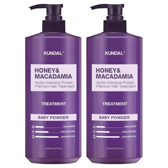 쿤달 허니 앤 마카다미아 헤어트리트먼트 베이비파우더향, 1058ml, 2개