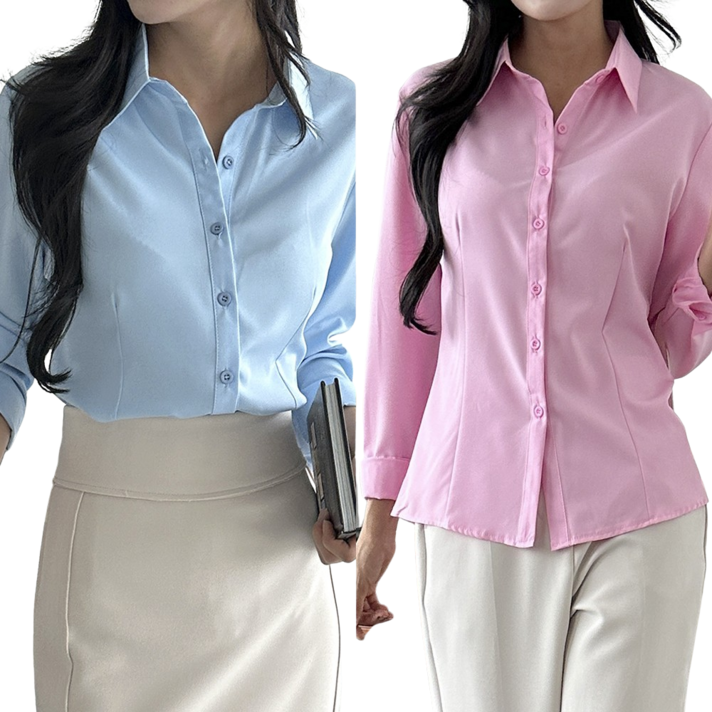 11 로로비 여성 스판 슬림핏 셔츠 화이트 블랙 블루 핑크 블라우스