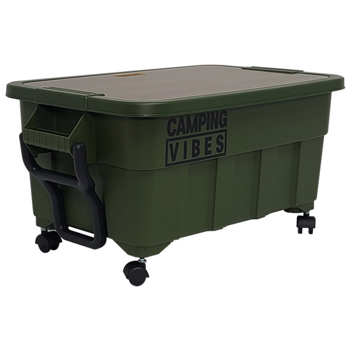 캠핑바이브스 멀티 카고박스 특대형 53L  우드상판  이동바퀴  데칼스티커 세트 풀세트 구성 캠핑박스 토트박스, 53 그린, 1개, 1단
