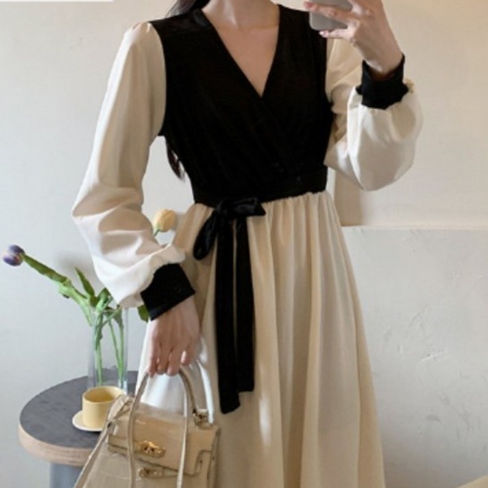 TIMEPURE 여성 봄 가을 리본 타이 V넥 슬림핏 허리라인 강조 원피스 우아한 스타일 긴발 원피스