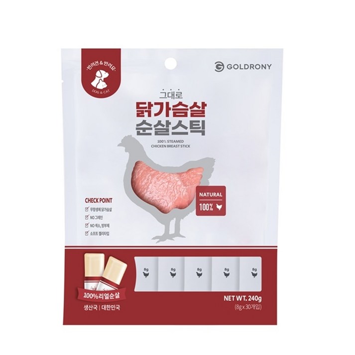 골드로니 반려동물 그대로 순살스틱 간식 스틱형 30p, 닭가슴살, 8g, 1개 골드로니 반려동물 그대로 순살스틱 간식 스틱형 30p, 닭가슴살, 8g, 1개