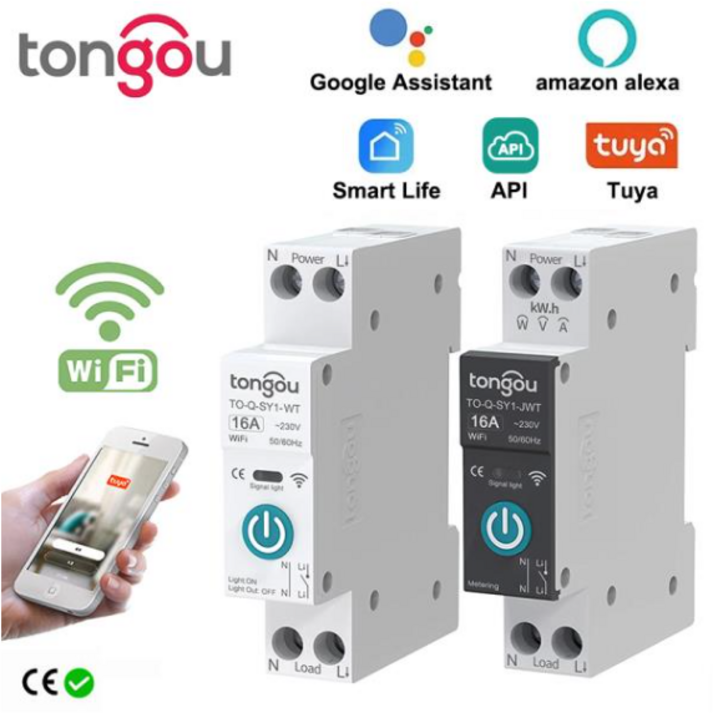 TUYA 와이파이 스마트 회로 차단기 계량 포함 스마트 홈 무선 원격 제어 스위치 앱 TONGOU DIN 레일 1P 63A