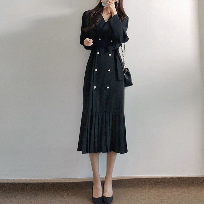 요시아나 당일발송 단아한 그랑시아 카라넥 진주 더블단추 플리츠 벨티드 롱원피스 2컬러 요시아나 당일발송 단아한 그랑시아 카라넥 진주 더블단추 플리츠 벨티드 롱원피스 2컬러