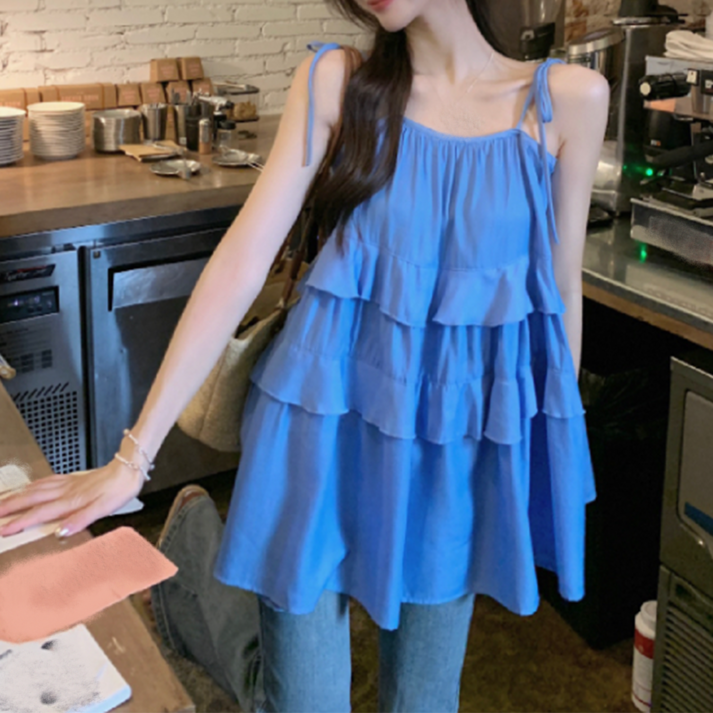 Zurora 민소매 티셔츠 여름 여성용 루즈핏 무지 끈나시 캉캉 러플나시티 패션 프리사이즈 여성나시티 B66