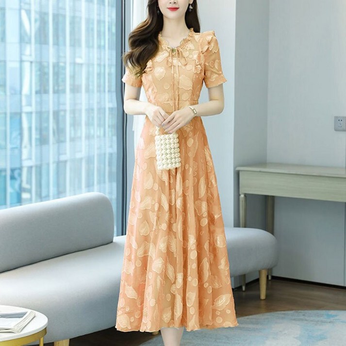 여성 여름 리프 반팔 쉬폰 슬림 롱 원피스 핑크