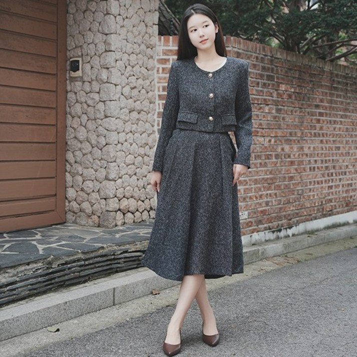 비비디아 여성 트위드 자켓 A라인 롱스커트 투피스 세트 하객룩 오피스룩 격식룩 5562
